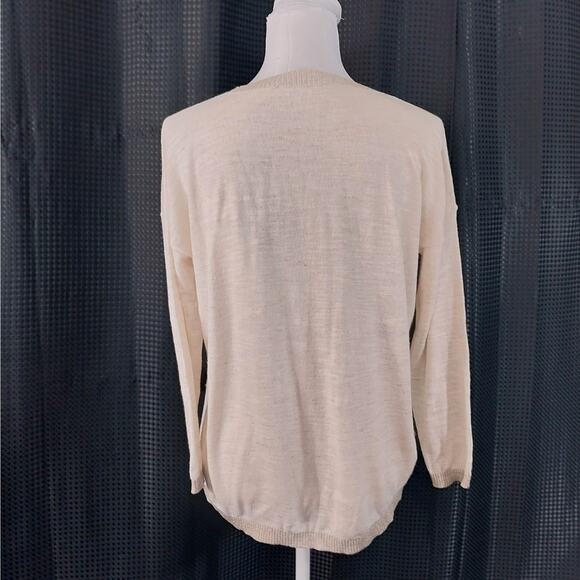 LOFT! LINEN+!CREAMY OATMEAL & GOLD TRIM LIGHTWEIGHT 3/4 SLEEVE SWEATER TOP! SZ S - Picture 6 of 9
